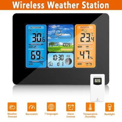 AIRKOUL Digital LCD Indoor & Outdoor Weather Station Clock Calendar Thermometer Wireless
