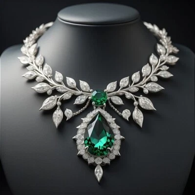 Huge Pear Syn Emerald Cocktail Party Solid 925 Silver Marquise Wedding Necklace - Image 1 of 4