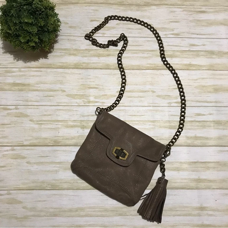 Ann Taylor Brown Gray Leather Metallic Fringe Tassel Chain Shoulder Bag Purse - Image 1 of 4