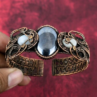 Brazalete de shungita envuelto en alambre de cobre arco iris piedra lunar joyería ajustable Foto 1 de 4