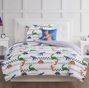 My World Dino Tracks 3-Piece Comforter Set Multi-Color White Dinosaurs - Picture 1 of 2