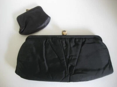 Bolso de Mano Vintage Negro Satinado Dorado con Monedero 11 x 5 pulgadas Foto 1 de 4