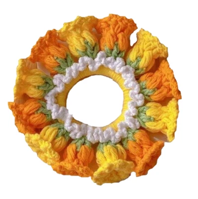 NEW Crochet Orange & Yellow Flowers Scrunchy Pony Tail Hair Accessories Floral  - Image 1 of 2