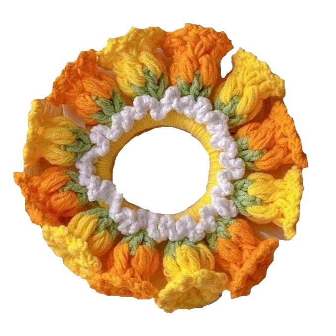 NEW Crochet Orange & Yellow Flowers Scrunchy Pony Tail Hair Accessories Floral  - Image 1 of 2