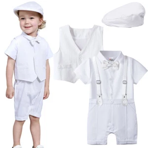 Baby Baptism Outfit Set White Christening Suspender Romper + Vest + Bonnet 3-9M - Picture 1 of 7