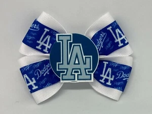 Girls Hair Bow 4" Wide LA Dodgers Baseball White/Blue Barrette, Clip or Ponytail - Picture 1 of 4