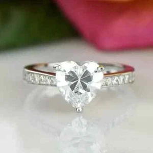 2.60Ct Heart Cut Real Moissanite Engagement Solitaire Ring 14K White Gold Plated - Picture 1 of 7