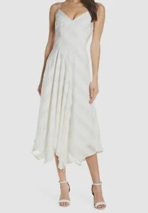 $495 Keepsake Women's White V-Neck Stretch Tea-Length Fit-&-Flare A-Line Dress M - Picture 1 of 6