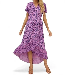 Zesica Floral Pink Blue Maxi Wrap Dress size M Boho Flowy Lightweight Ruffle - Picture 1 of 13