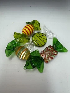 Vintage Lot Of 4 Murano Art Glass Wrapped Candy Pieces Green Tones Hard Candy - Picture 1 of 6