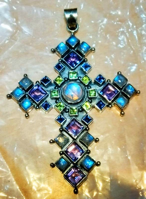 925 Silver Moonstone and Amethyst cross pendant blue, purple, white and green Foto 1 de 4