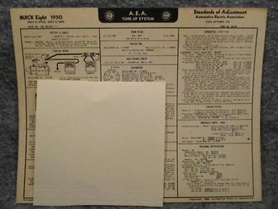 A.E.A. Tarjeta gráfica de especificaciones del sistema de afinación Buick Eight 1950 Series 40 y 50 Foto 1 de 2