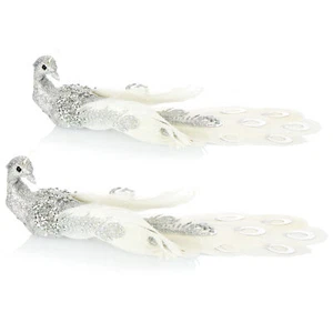 2x Christbaumschmuck Deko Vogel, Pfau mit Pailletten für Weihnachtsbaum, silber - Bild 1 von 5