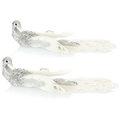 2x Christbaumschmuck Deko Vogel, Pfau mit Pailletten für Weihnachtsbaum, silber - Bild 1 von 4