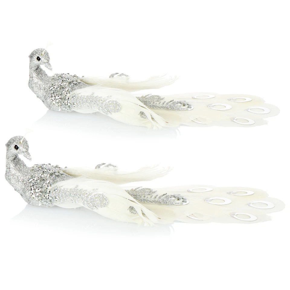 2x Christbaumschmuck Deko Vogel, Pfau mit Pailletten für Weihnachtsbaum, silber - Bild 1 von 4