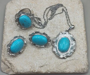 Vintage Signed Sterling Silver And Turquoise Jewelry Set Necklace Earrings Ring - Picture 1 of 18
