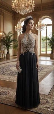 Vestido de graduación Elegante Vestido Negro Dorado Metálico Floral Cuentas Bordado Talla 6-8 UK Foto 1 de 4