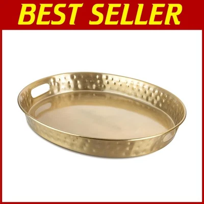 Elegant 17" Oval Metal Serving Tray - Brushed Gold - Image 1 of 4