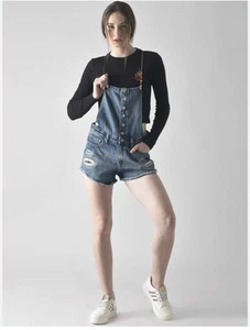 Forever 21  Overall Shorts Denim Jumper Blue Women Size 26 Pockets Stretch - Picture 1 of 6