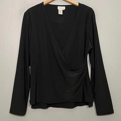 Coldwater Creek Mujer Talla Mediana Negro Elástico Tejido Imitación Envoltura Acanalada Top Gótico Foto 1 de 4