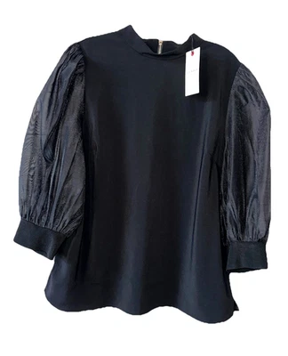 Blusa TED BAKER tamanho 4 ou EUA 10 Micaeli preta organza volume manga nova com etiquetas $175 - Imagem 1 de 4
