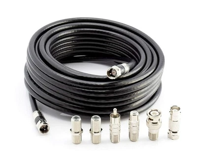 35' RG6 Black & 6 Universal Coaxial Cable Connector Ends | F81 RCA BNC Adapters - Image 1 of 4
