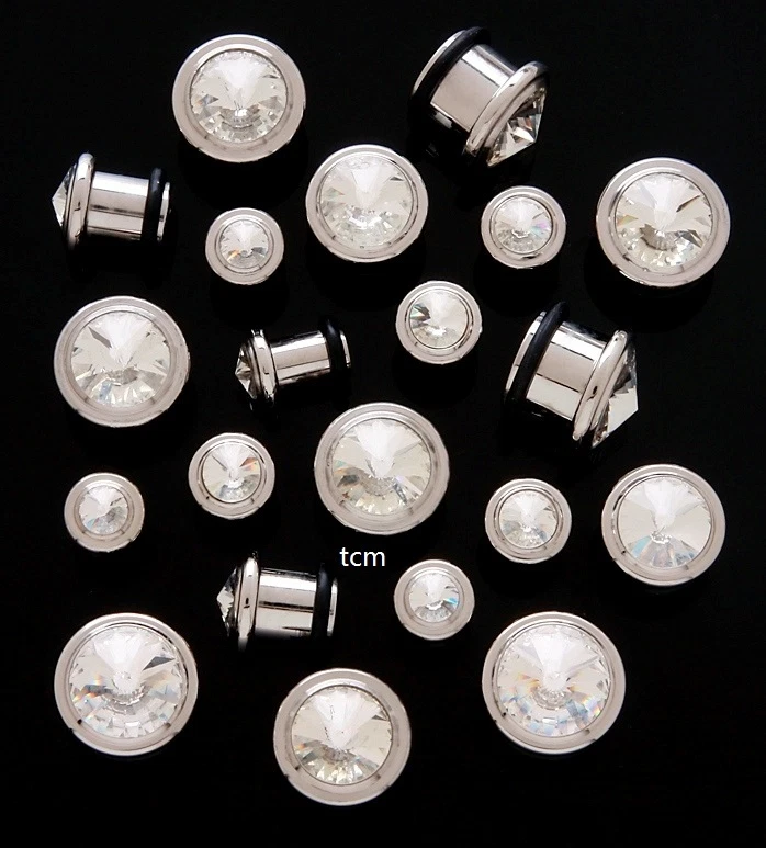 Par de tapones para los oídos de acero inoxidable de un solo destello transparente CZ GEM Foto 1 de 1