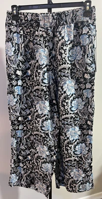 Pantalones Medianos Tahari Negro Azul Floral Lino Cintura Elástica Pierna Ancha Nuevos con Etiquetas Foto 1 de 4