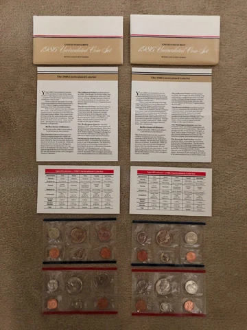 U. S Mint Set Lot --  Two 1986 U. S. Mint Sets 20 coins P & D Mints OGP with COA Cover