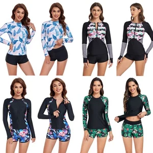 Women Two Piece Rash Guard Long Sleeve Swim Shirt with Boyshort Bottom - Picture 1 of 22