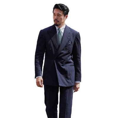 Темно-синий мужской Seersucker костюмы двубортный широкий пик лацкан блейзер на заказ - Изображение 1 из 4