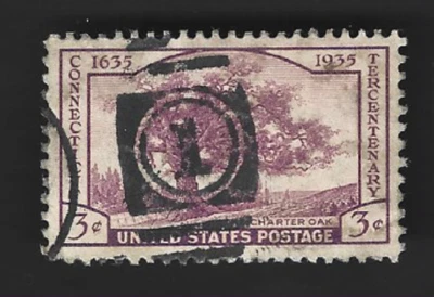 Sc#772 3c Connecticut, 300 años - The Charter Oak - CD y Número "1" Cancelar A-7 Foto 1 de 2