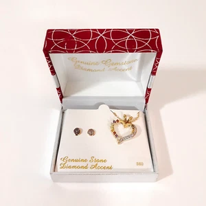 Kohls Necklace & Earring Set Heart Pendant Genuine Stones Diamond Accent New $60 - Picture 1 of 9