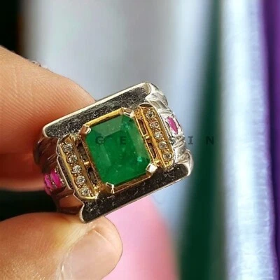 Esmeralda con anillo enchapado en oro de plata de ley 925 para hombre #AL608 Foto 1 de 4