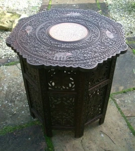  LARGE  ANTIQUE  OCTAGONAL FOLDING  INDIAN/BURMESE  INLAID  SIDE TABLE    - Picture 1 of 8