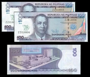 2012 MANILA HOTEL 100 Pesos Overprint 2 Consecutive Nos. S/N "ZZ" Philippine - Picture 1 of 2