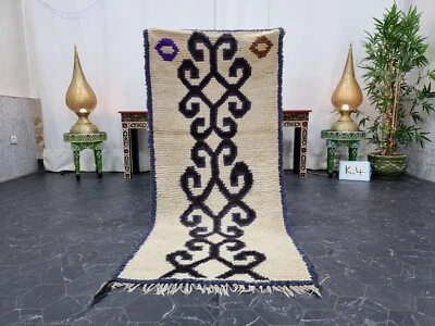 Moroccan Handmade Vintage Rug 2'4"x5'5" Berber Geometric Blue Wool Tribal Carpet - Image 1 of 4