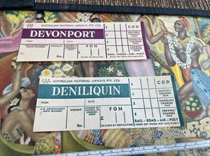 Australian National Airways -“Devonport/Deniliq.”  @‘50 luggage labels lot of 2 - Picture 1 of 4
