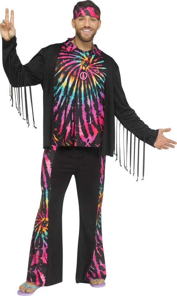 Psicodélico Hippie Tie Dye Hombres Disfraz Camisa Pantalones Diadema NUEVO Talla Única Años 60 Foto 1 de 4