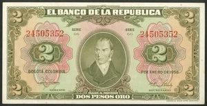 Colombia, El Banco de la Republica, 2 pesos, 1 Jan 1955, Pick 390d, UNC - Picture 1 of 2