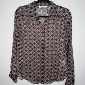 Zara Damenbluse Größe M grün hellbraun transparent Knopfleiste Langarm - Bild 1 von 7