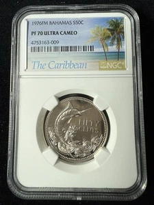1976 BAHAMAS SILVER 50 CENTS NGC PF 70 ULTRA CAMEO UCAM TOP SOLO POP 1 SKU 3690 - Picture 1 of 2
