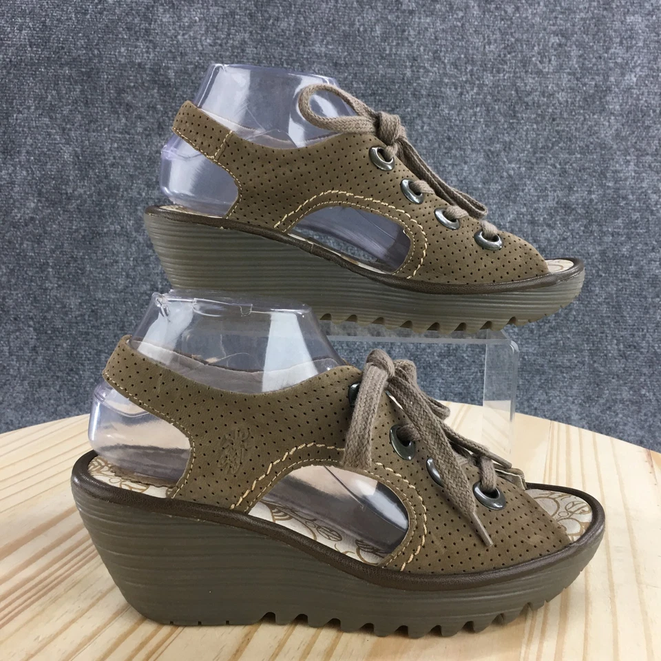 Sandalias Fly London Mujer 39 Taupe Yiva Correas Cuero Perforado Cuña Peep Foto 1 de 4