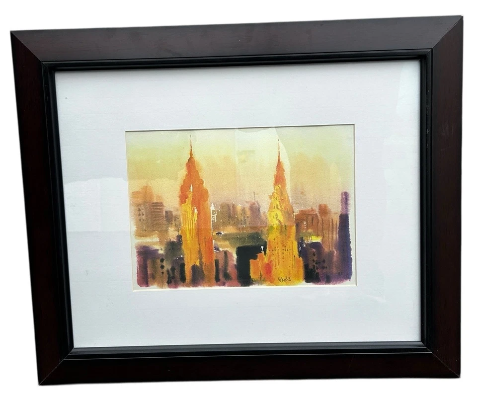 Pintura de paisaje urbano de acuarela firmada arte moderno horizonte de puesta de sol NYC Quult enmarcado Foto 1 de 4