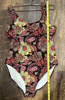 Nicole Miller Studio Large One-Piece Swimsuit Meadow Black Red Floral Pool Beach - Image 1 of 4