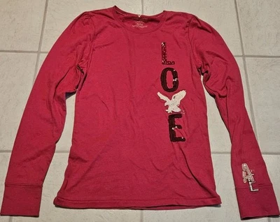 Camisa para mujer American Eagle rosa manga larga talla XL Love AE envejecida Foto 1 de 4