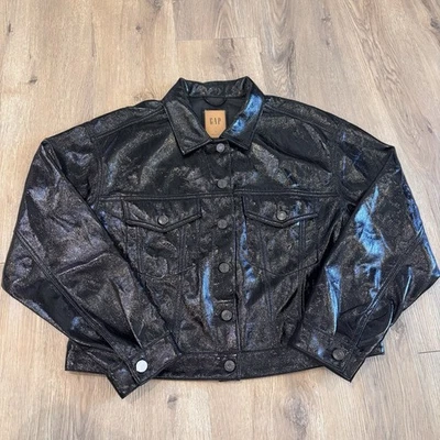 Gap 全新无标签女式短素食皮革袖口纽扣夹克黑色 L 码 — 第 1/4 张图片