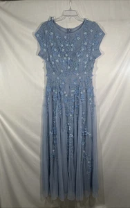 NUEVO Vestido Mac Duggal [8] 14521 Floral Adornado Manga Corta Malla Azul #S1858 - Imagen 1 de 11