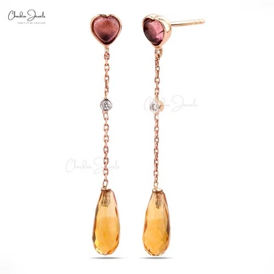 Citrine & Pink Tourmaline Three Stone Dangle 14k Rose Gold Diamond Earrings Gift - Image 1 of 4