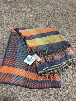 Anthropologie Vismaya Manta Bufanda 140”x80” Azul Y Naranja Cuadros Nuevo Con Etiquetas Foto 1 de 4